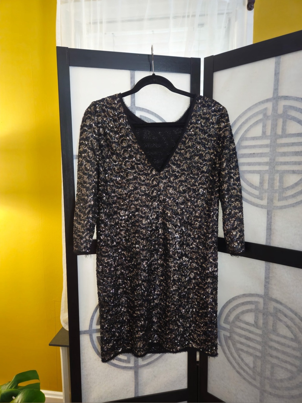 Zadig & Voltaire Black and Gold Sequin V‑Neck Mini Dress